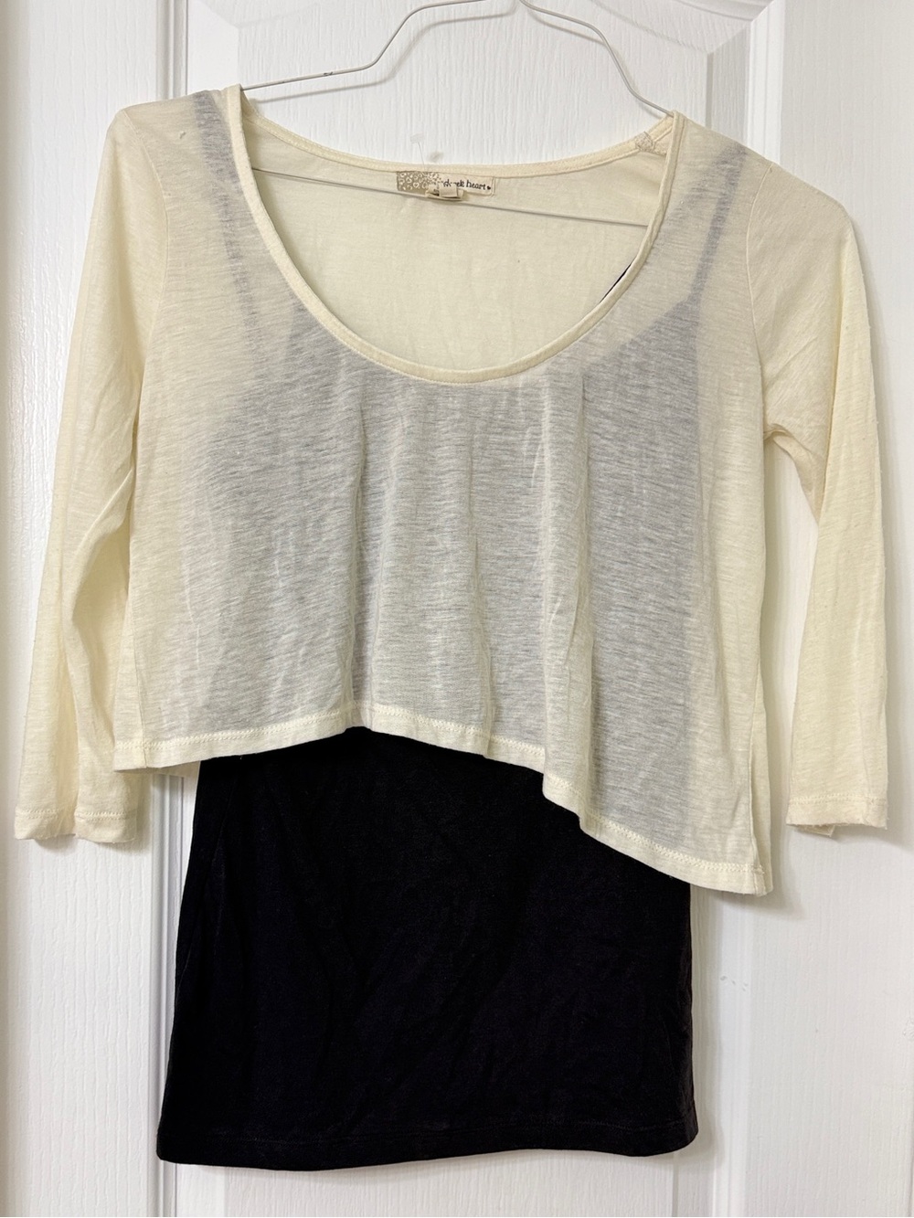 Derek heart ivory sheer 3/4 sleeve crop top layered over a solid black tank M